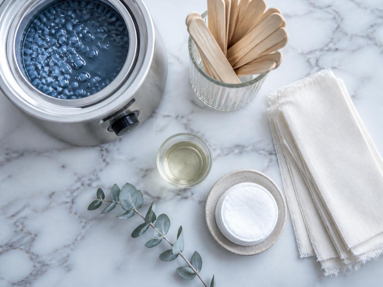Wax warmer with blue hard wax beads, wooden spatulas and folded muslin strips on a marble counter